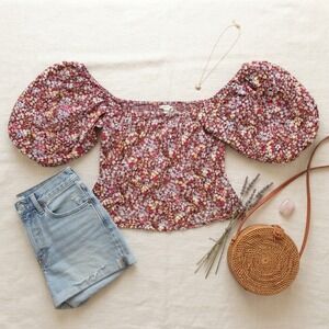 Sim & Sam Floral Smocked Off Shoulder Puff Sleeve Peplum Top Burgundy Medium